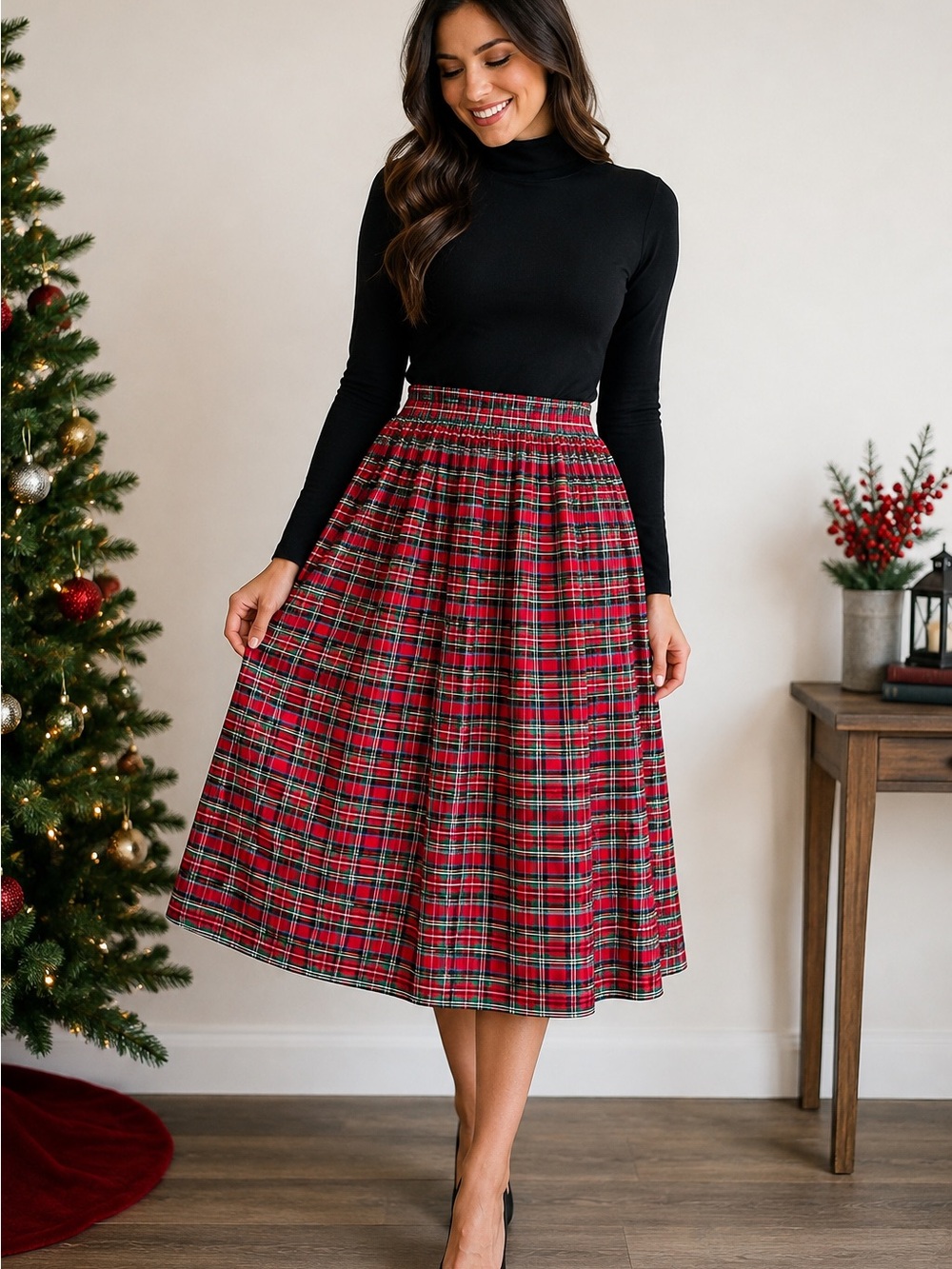 Classic Red Plaid Midi Skirt - Women's Holiday Tartan